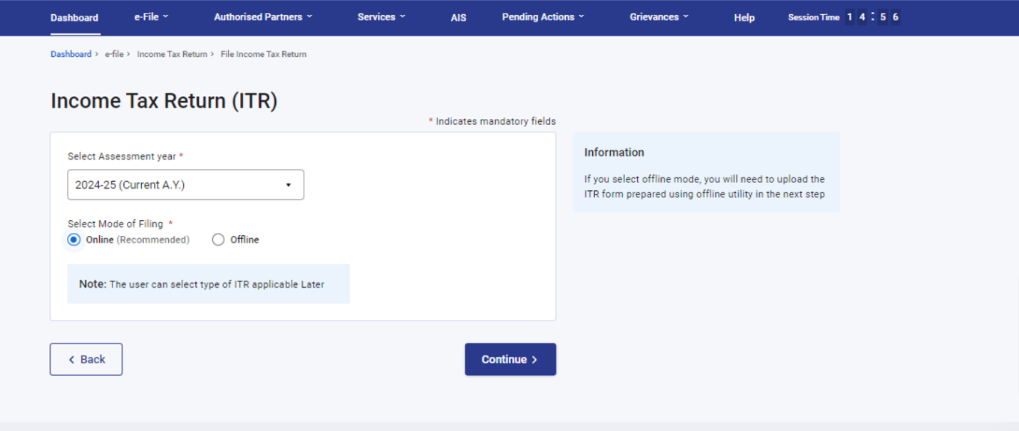 Select the Assessment Year and Mode of Filing
