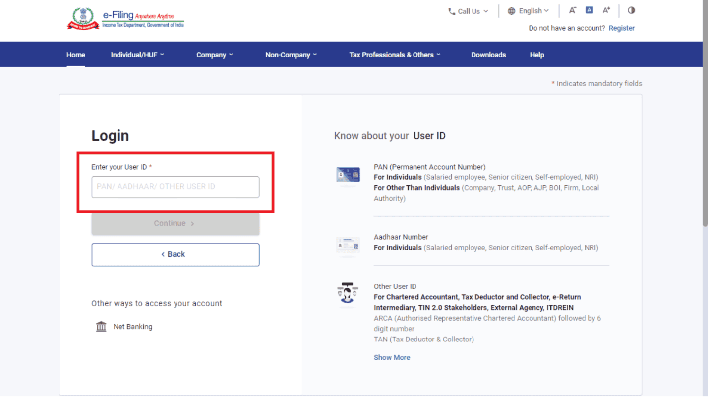 Login into the e-filing portal