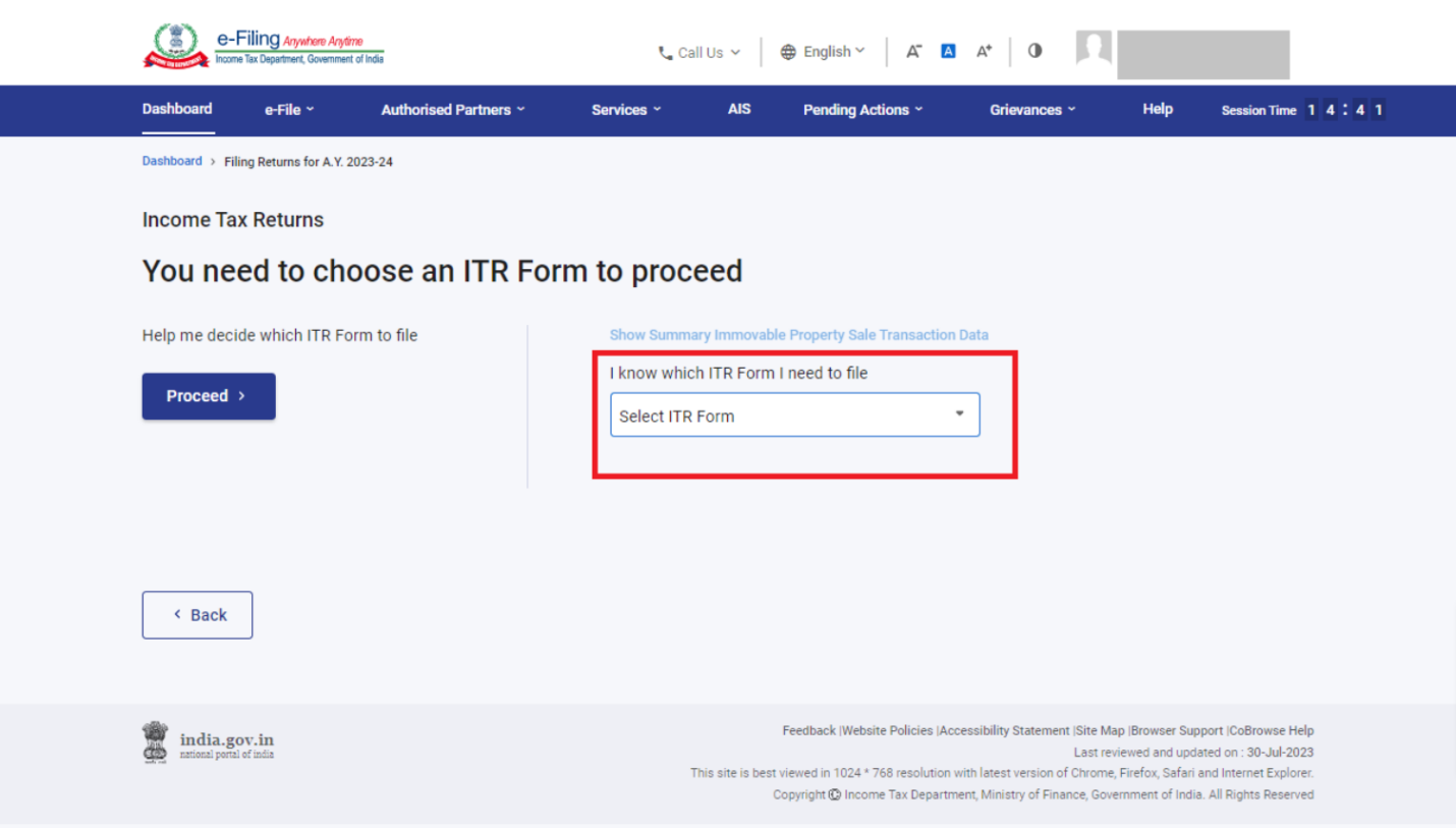 Select the ITR form